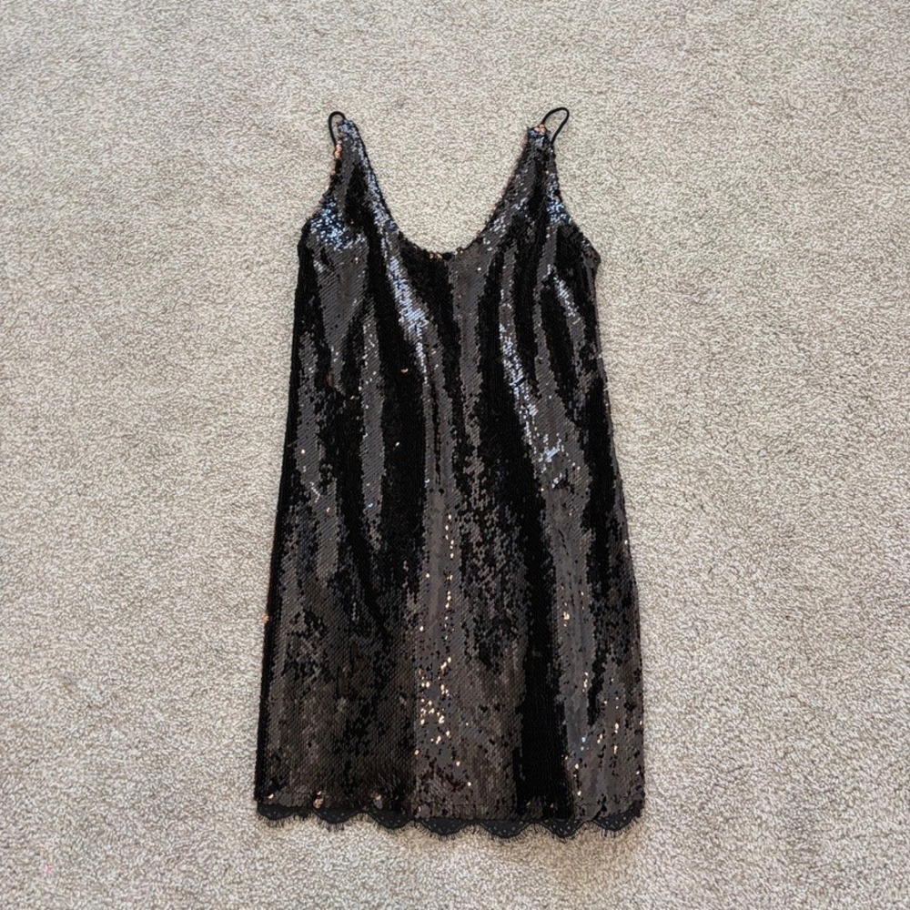 Free People Intimately Seeing Double Sequin Mini Dress Womens XS Black Going Out